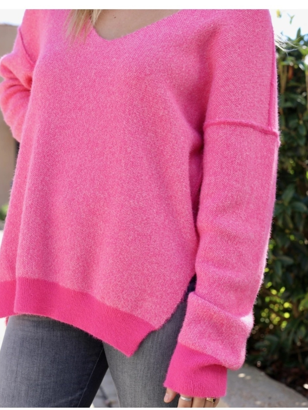 Free People Vibrant Pink V-Neck Pullover Sweater